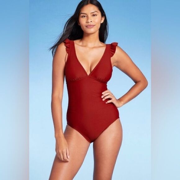 Kona Sol Ruffle Shoulder High Coverage One Piece Swimsuit Burgandy NWT Sz Small - Picture 1 of 11